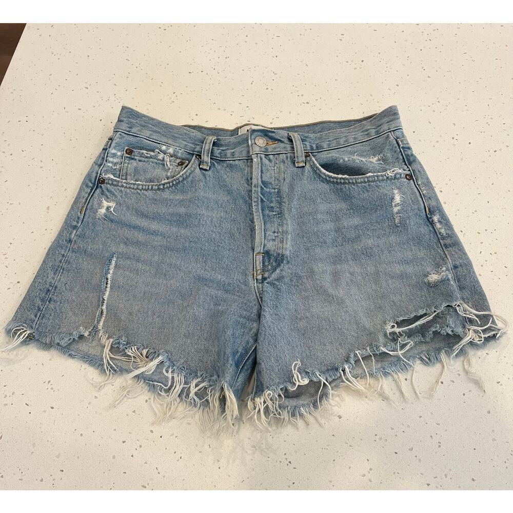 Agolde Parker Long Light Blue Distressed Denim Shorts in Swapmeet 27